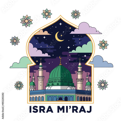 Isra Mi'raj illustration with mosque, crescent moon, stars, clouds, and geometric ornaments. Islamic religious background celebrating the Prophet Muhammad’s night journey in a modern flat style.
