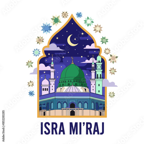 Isra Mi'raj illustration with mosque, crescent moon, stars, clouds, and geometric ornaments. Islamic religious background celebrating the Prophet Muhammad’s night journey in a modern flat style.