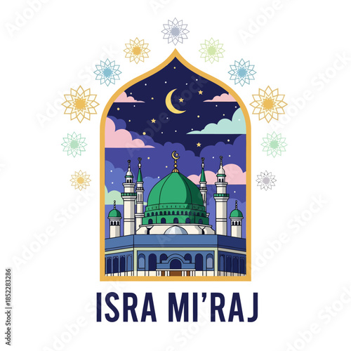 Isra Mi'raj illustration with mosque, crescent moon, stars, clouds, and geometric ornaments. Islamic religious background celebrating the Prophet Muhammad’s night journey in a modern flat style.