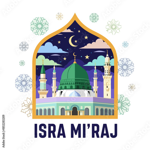 Isra Mi'raj illustration with mosque, crescent moon, stars, clouds, and geometric ornaments. Islamic religious background celebrating the Prophet Muhammad’s night journey in a modern flat style.