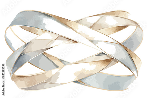 우아하게 얽힌 은색과 금색 리본이 투명한 배경에 부드러운 수채화 스타일로 그려져 있습니다.