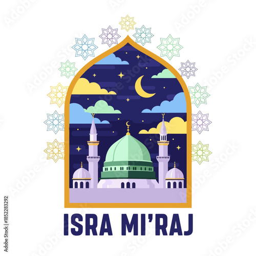 Isra Mi'raj illustration with mosque, crescent moon, stars, clouds, and geometric ornaments. Islamic religious background celebrating the Prophet Muhammad’s night journey in a modern flat style.