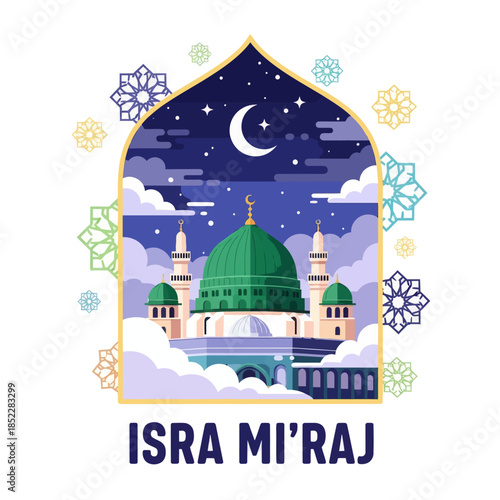 Isra Mi'raj illustration with mosque, crescent moon, stars, clouds, and geometric ornaments. Islamic religious background celebrating the Prophet Muhammad’s night journey in a modern flat style.