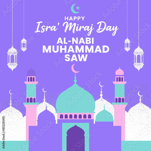 Islamic greeting illustration for Isra’ Mi’raj Day of Prophet Muhammad, featuring a mosque with domes, minarets, lanterns, crescent moon, and starry sky, symbolizing faith and spirituality.