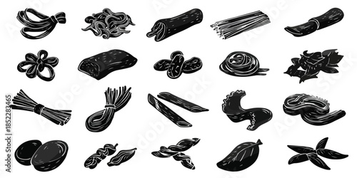 다양한 모양과 질감의 검은색 식물 줄기 및 뿌리 일러스트 모음