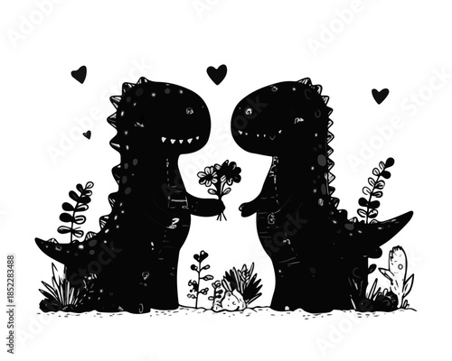 사랑스러운 공룡 커플이 꽃을 주고받으며 로맨틱한 순간을 공유합니다.