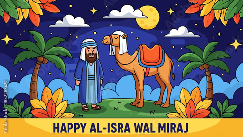 Cute flat illustration of Al Isra Wal Miraj with a Muslim man and camel under moonlit sky, palm trees, and stars, perfect for Islamic holiday greetings, posters, and educational designs.