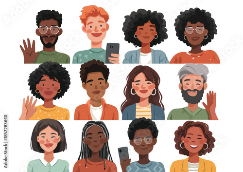 다양한 인종과 연령대의 사람들이 긍정적인 표정으로 스마트폰을 사용하거나 손을 흔드는 모습