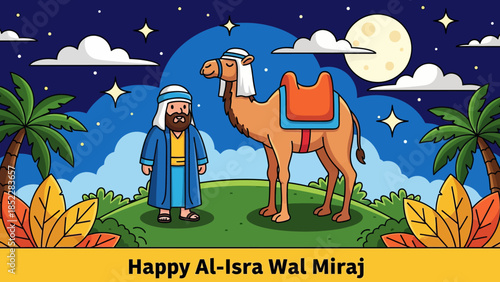 Cute flat illustration of Al Isra Wal Miraj with a Muslim man and camel under moonlit sky, palm trees, and stars, perfect for Islamic holiday greetings, posters, and educational designs.