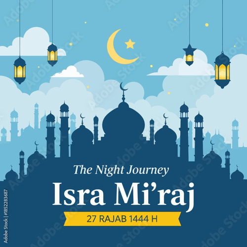 Isra Mi'raj night journey illustration with mosque silhouette, crescent moon, lanterns, and clouds. Islamic religious celebration background for holy events, Ramadan themes, and spiritual designs.