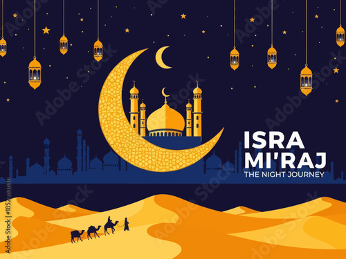 Beautiful Islamic illustration of Isra Mi'raj night journey with golden crescent moon, mosque silhouette, lanterns, desert caravan, and starry sky, perfect for religious celebration designs.
