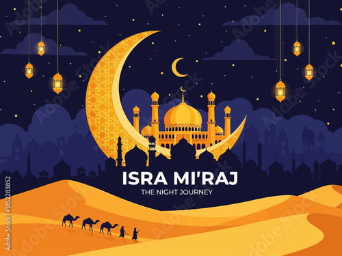 Beautiful Islamic illustration of Isra Mi'raj night journey with golden crescent moon, mosque silhouette, lanterns, desert caravan, and starry sky, perfect for religious celebration designs.