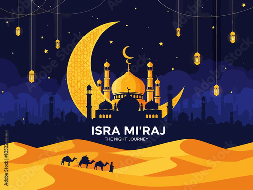 Beautiful Islamic illustration of Isra Mi'raj night journey with golden crescent moon, mosque silhouette, lanterns, desert caravan, and starry sky, perfect for religious celebration designs.