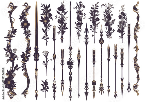 다양한 꽃과 잎사귀 장식이 있는 섬세하고 우아한 장식용 디자인 요소 컬렉션