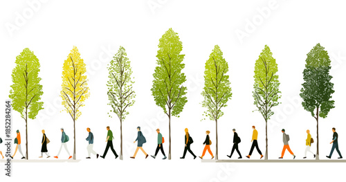 다양한 사람들이 녹음이 우거진 나무들 사이를 걸으며 자연과 조화로운 삶을 표현합니다.