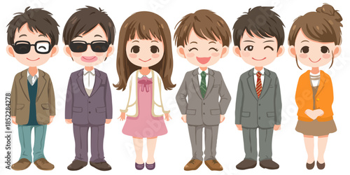 다양한 직업을 가진 귀여운 캐릭터들이 모여 있는 모습