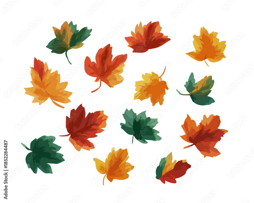 Fototapeta premium 다양한 색상의 단풍잎이 투명한 배경에 흩날리는 수채화 일러스트