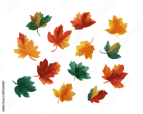 다양한 색상의 단풍잎이 투명한 배경에 흩날리는 수채화 일러스트