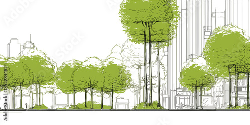 도시 풍경 속 녹색 나무들이 그림처럼 그려진 모습, 투명한 건물 배경과 조화로운 풍경