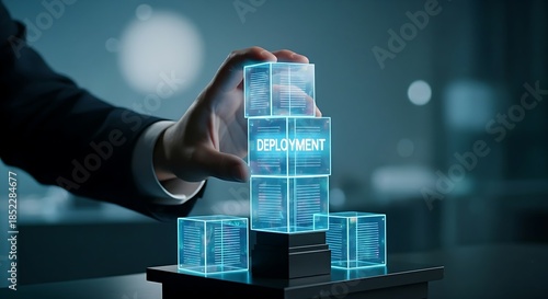 Software containerization concept. A DevOps engineer's hand stacks holographic blocks (containers) on a platform, with 