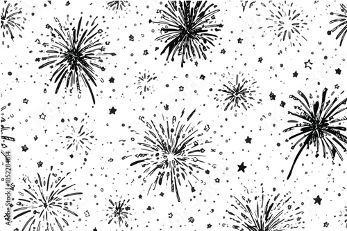 투명한 배경에 반짝이는 불꽃놀이와 별 패턴, 축제와 축하 분위기를 연출하는 그래픽 리소스