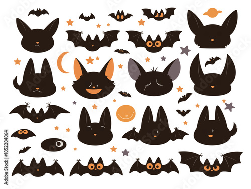 다양한 표정의 귀여운 검은색 박쥐와 토끼 캐릭터, 할로윈 테마의 투명한 배경 일러스트