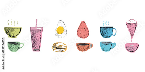 다양한 음료와 음식 아이콘이 투명한 배경에 스타일리시하게 그려져 있습니다.
