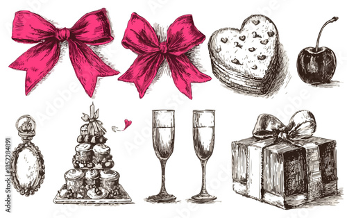 손으로 그린 낭만적인 선물, 체리, 샴페인 잔, 향수병, 리본, 케이크의 투명한 일러스트