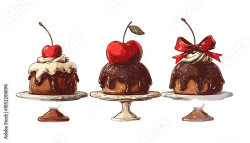 초콜릿과 체리로 장식된 맛있는 디저트 3가지가 투명한 배경에 놓여 있습니다.