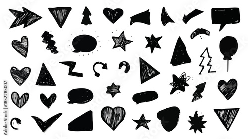 다양한 모양의 손으로 그린 검은색 아이콘 세트, 투명한 배경에 분리되어 있습니다.