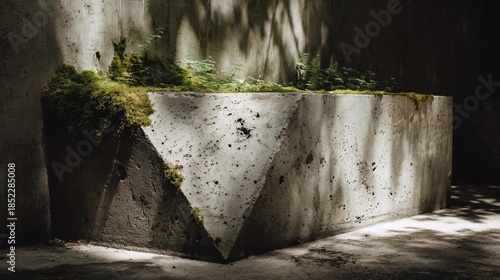 Rough textured concrete planter featuring moss and small green plants illuminated by dappled sunlight