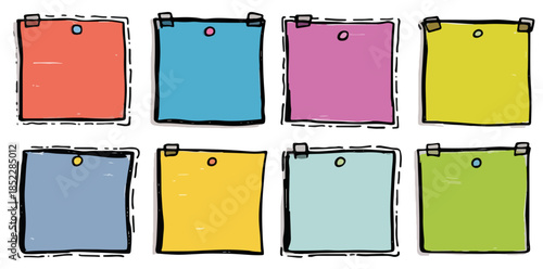 다채로운 색상의 메모지가 투명한 배경에 핀으로 고정되어 있는 모습