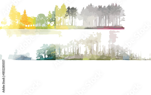 다채로운 색상의 숲이 투명하게 비친 수면 위 풍경, 자연의 신비로움을 담은 일러스트