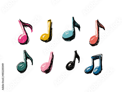 다채로운 음표 일러스트, 투명한 배경에 음악적 기호가 그려져 있어 밝고 경쾌한 분위기를 연출합니다.