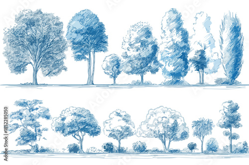 다양한 종류의 나무와 덤불을 묘사한 투명한 블루 톤의 일러스트레이션