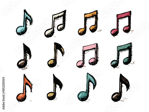 다채로운 음표 아이콘 모음, 투명한 배경에 그려진 음악 기호들