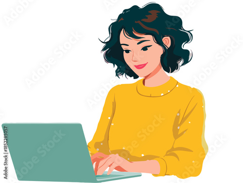 노란 스웨터를 입은 젊은 여성이 노트북을 사용하여 편안하게 타이핑하고 있습니다.