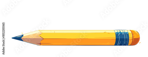 선명한 노란색 연필이 흰색 배경에 놓여 있으며, 파란색 띠와 붉은색 끝 부분이 특징입니다.