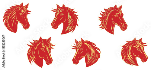 Set of red and golden chinese horses shio of vector illustration