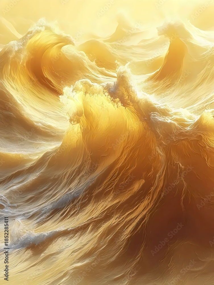 Naklejka premium A mesmerizing view of golden ocean waves, illuminated by soft sunlight, creating a warm, serene atmosphere that evokes a sense of tranquility and beauty.