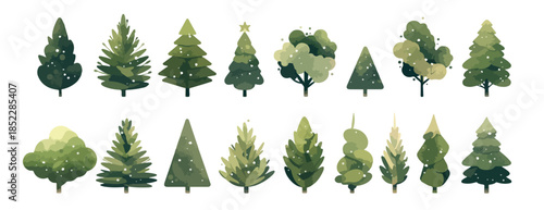 다양한 모양의 투명한 수채화 스타일 나무 아이콘 모음