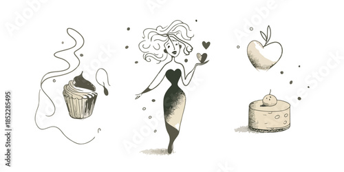 사랑스러운 여성이 컵케이크, 케이크, 사과와 함께 디저트의 세계에 빠져드는 모습