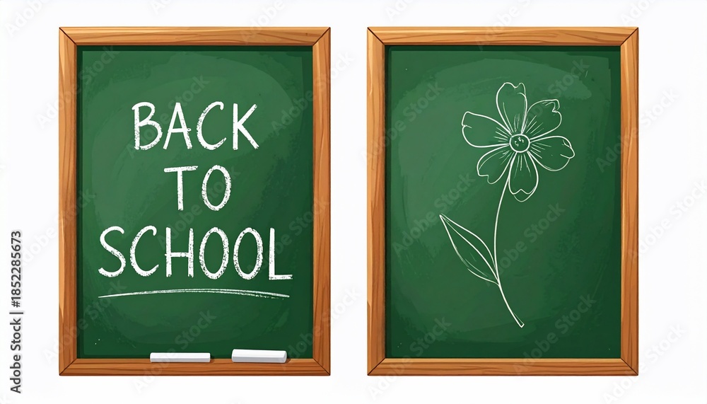 Fototapeta premium Two wooden framed green chalkboards. One says 