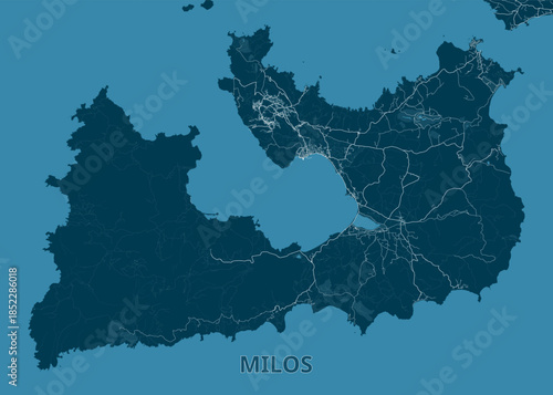 map of Milos Island, rendered in shades of blue. The island's topography is clearly defined, with intricate coastlines and inland features.