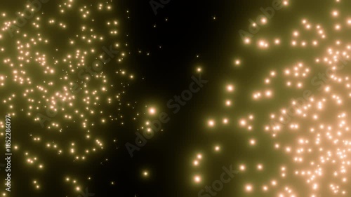Hope in the dark concept,  Swarm of gentle gold glowing firefly insects floating in void, Spiritual peace background created by 3D modeling seamless loop animation ProRes 422 HQ.