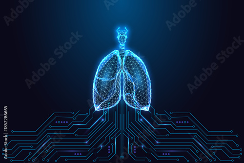 lungs above circuit board symbolizing health tech and diagnostics, vector. respiratory diagnostics 