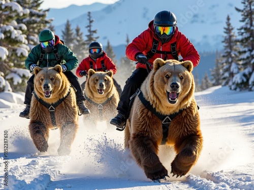 Grizzly bear riders epicaly racing through snowy mountains in high-powered winter adventure in a sunny day.