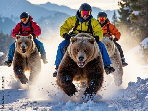 Grizzly bear riders epicaly racing through snowy mountains in high-powered winter adventure in a sunny day.