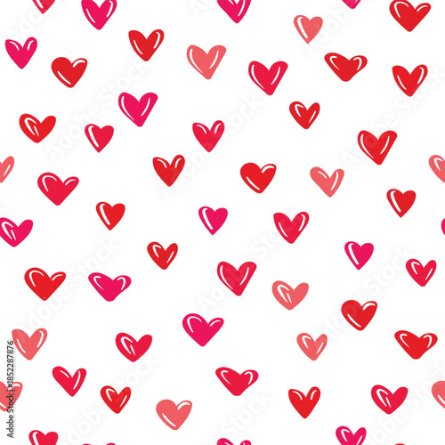 Seamless pattern with pink hearts. Template holiday vector illustration. Design for card, postcard, poster, print, banner. Cartoon colorful hearts on white background.