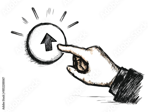 Ręka naciskająca podświetlany przycisk z ikoną strzałki w górę, rysunek odręczny na przezroczystym tle.